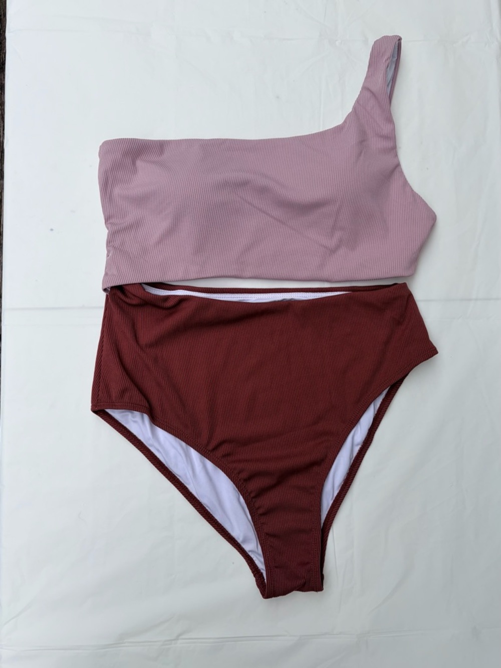 Trendy One Shoulder Ribbed Bikini High Waisted Colorblock Swimset Vacation Ready